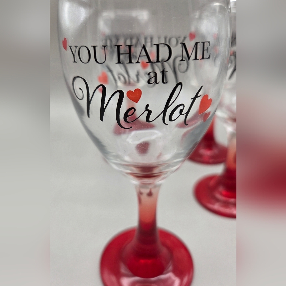 Cristar Red Stem Wine Goblets " You Had Me At Merlot",  Set of 4 - Picture 6 of 7
